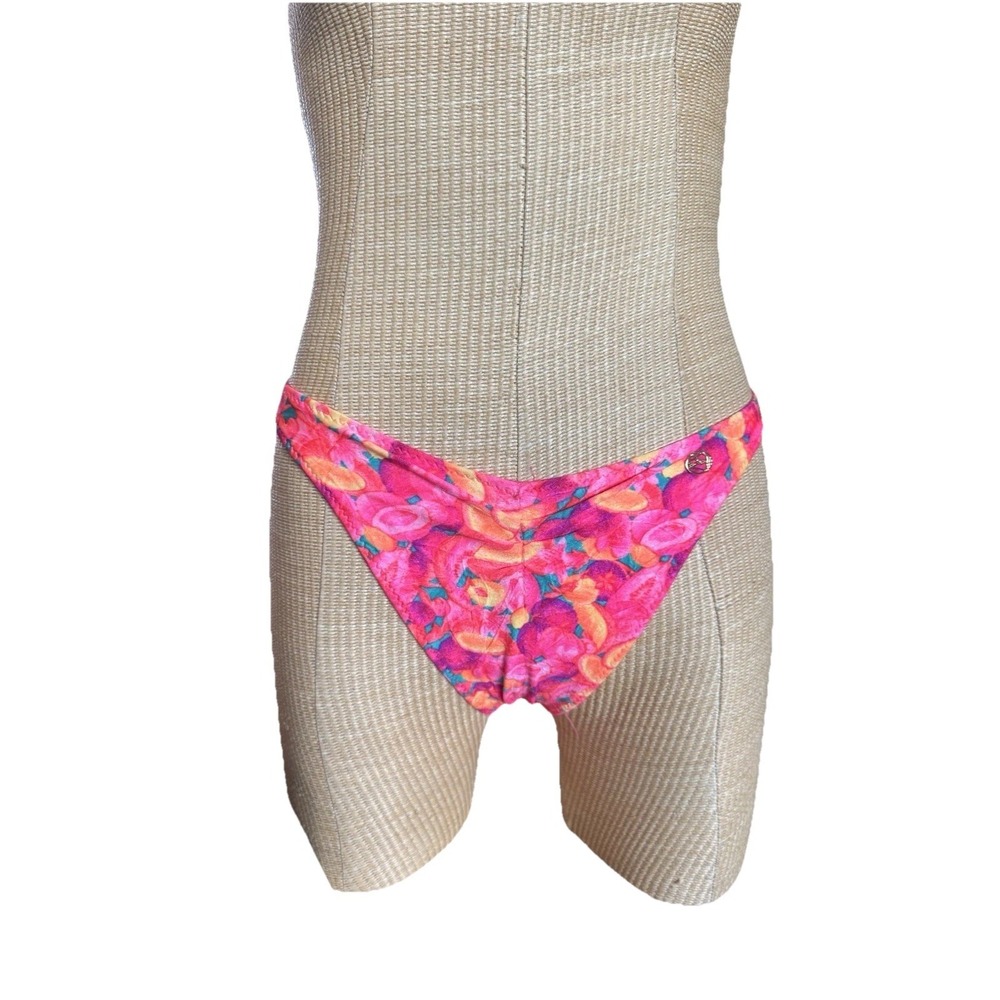 Vintage 90s High Cut Bikini Bottoms Neon Pink Print Ruched Bows USA Made SMALL